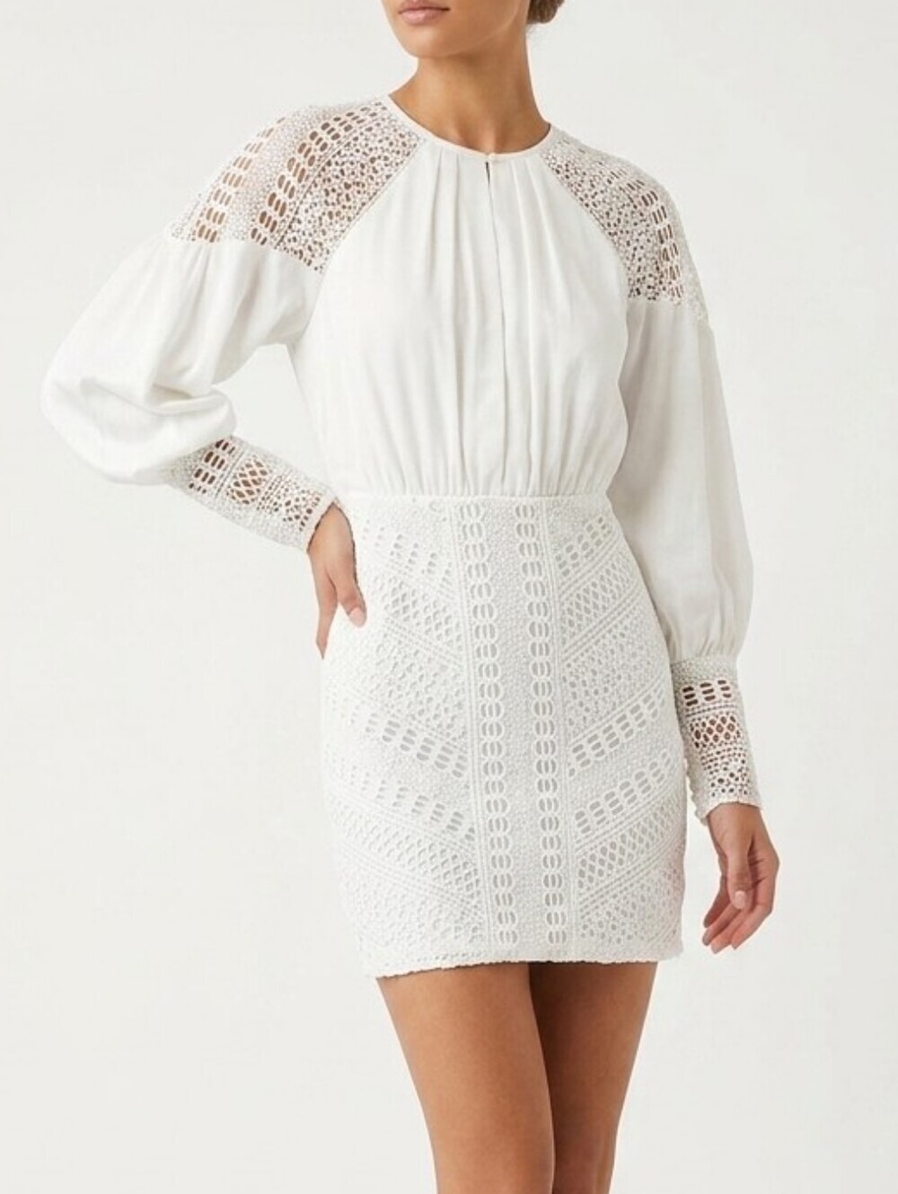 Michael Costello X Revolve White Long Sleeve Crochet Lace Mini Dress S